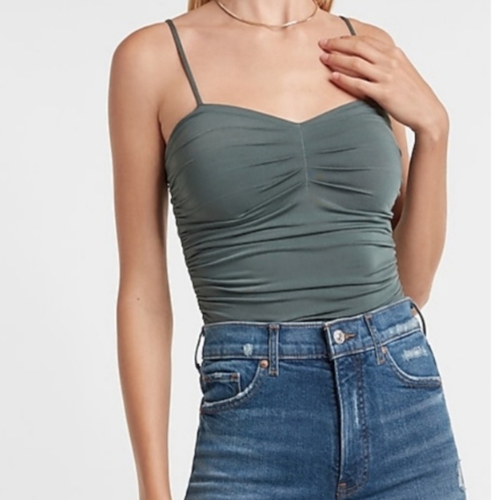 NWT EXPRESS GREEN BODY CONTOUR SILKY RUCHED THONG BODYSUIT